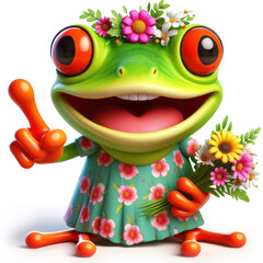 great 3d illustration of a funny red eyed tree frog wearing a dress with flowers