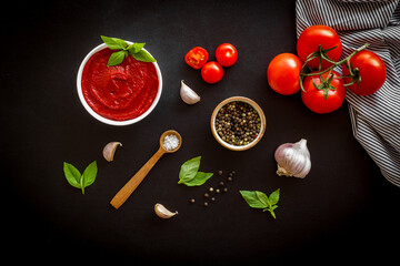 Homamade Italian tomato sauce passata with basil and garlic.