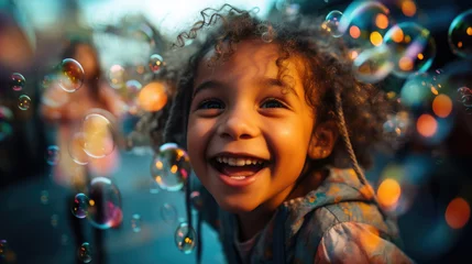 Fotobehang soap bubble show at a children's birthday party, happy child, kid, portrait, emotional face, holiday, play a game, disco, childhood, fun, park, boy, girl, smile, blurred background © Julia Zarubina