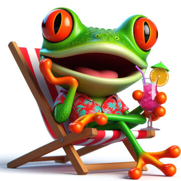 illustration of a funny red eyed tree frog wearing a hawaiian shirt and drinking a cocktail