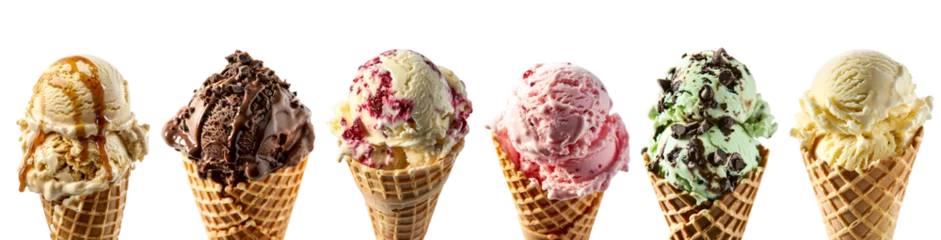Foto auf Alu-Dibond Set of diverse scoops of ice cream in waffle cones, Isolated on Transparent Background, PNG © Only Best PNG's