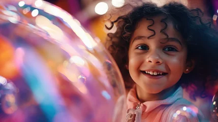 Fotobehang soap bubble show at a children's birthday party, happy child, kid, portrait, emotional face, holiday, play a game, disco, childhood, fun, park, boy, girl, smile, blurred background © Julia Zarubina