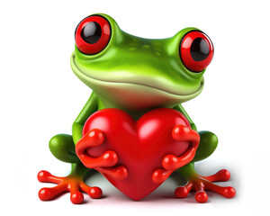 Obraz premium great 3d illustration of a funny red eyed tree frog with red love heart on valentines day