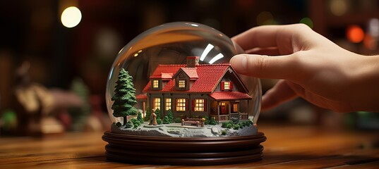 3d house model held in human hands on blurred background   insurance or bank loan concept - obrazy, fototapety, plakaty
