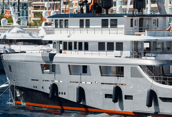 Few huge luxury yachts at the famous motorboat exhibition in the principality of Monaco, Monte...