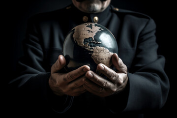 A commanding figure in a military uniform holding an Earth globe, symbolizing strategic power and global leadership