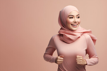 attractive woman in tracksuit running wearing turban or hijab head scarf for diversity and middle east healthy lifestyle concepts