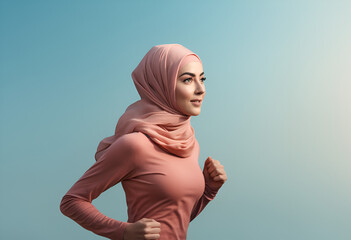 attractive woman in tracksuit running wearing turban or hijab head scarf for diversity and middle east healthy lifestyle concepts