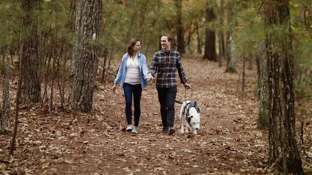 Couple with Dog Walk Along Forest Mountain Trail