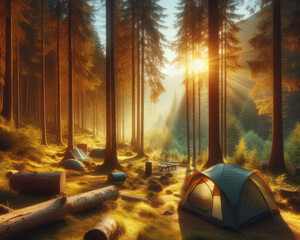 nature and outdoors with a camping tent in the beautiful forest at sunrise