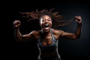 Obraz premium Pretty dark-skinned athletic young woman cheers while doing sports