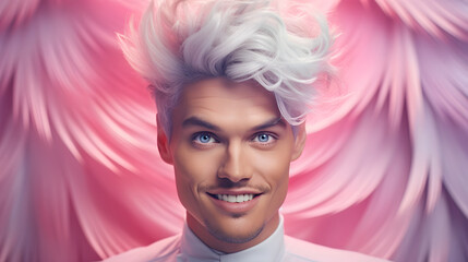 Portrait of a fashionable man with blue eyes. Crazy hairstyle. Fashion concept. - obrazy, fototapety, plakaty