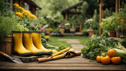 a pair of yellow shiny rubber gardening boots with various tools on the soil of a vegetable garden - obrazy, fototapety, plakaty