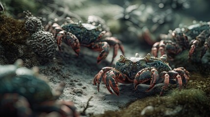 Illustration of crabs by the sea - obrazy, fototapety, plakaty