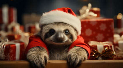 Cute Sloth in Santa Claus Hat with Gift Box on Festive New Year Background.
