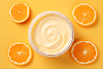 top view of a jar of vitamin C face cream on a yellow background and sliced oranges