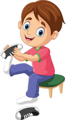 Cartoon little boy putting on shoes