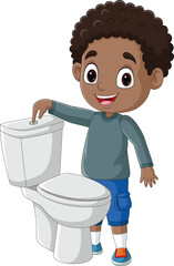 Cartoon little boy pushing flush button in toilet