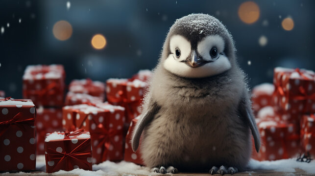 Little Penguin Chick Bird with Red Gift Boxes Around on Festive Christmas Background. Bokeh Light Effect.