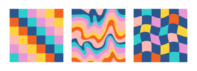 1970 Trippy Checkerboard and Wavy Swirl Pattern Set. Vector Illustration. Seventies Style, Groovy Background, Wallpaper, Print. Flat Design, Hippie Aesthetic. - obrazy, fototapety, plakaty