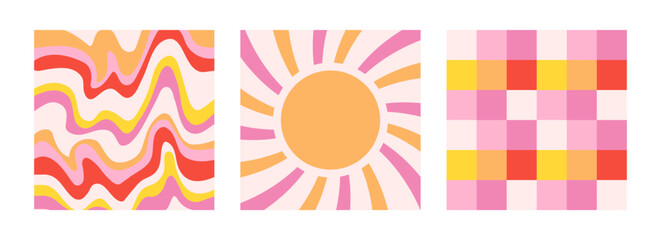 Y2k seamless patterns with daisies and chess. Set of vector backgrounds in trendy modern retro trippy 2000s style. Blue, lilac, pink and green color. Funny retro cute texture for surface design.