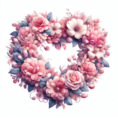 illustration of a pink heart shaped floral wreath