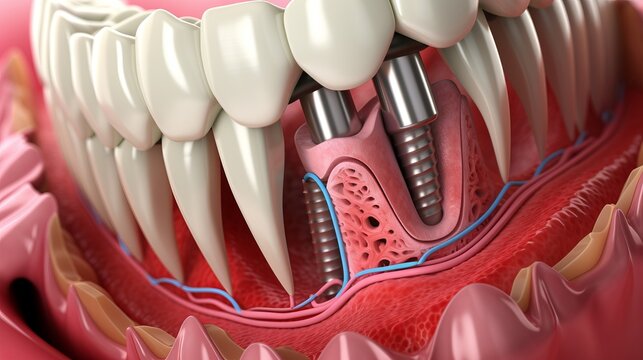 Detailed illustration of precise dental implant fitting technique on human mouth model