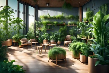Lots of beautiful green lush indoor plants on the terrace. Decoration and landscaping of the terrace. AI generated - obrazy, fototapety, plakaty