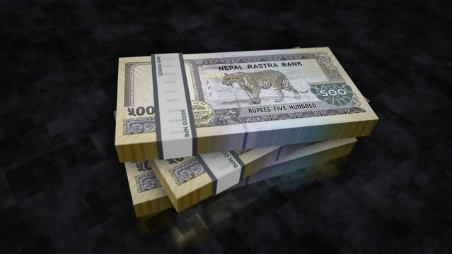 Nepal money Nepali rupees pile pack. Concept background of economy, banking, business, crisis, recession, debt and finance. 500 NPR banknotes stacks 3d animation.