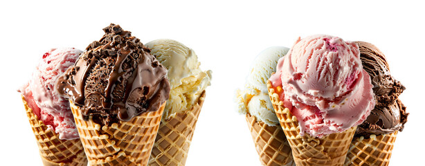 Set of Vanilla, Chocolate, and Strawberry Ice Cream, Isolated on Transparent Background, PNG