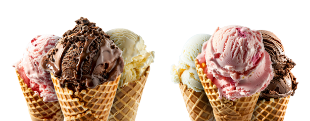 Set of Vanilla, Chocolate, and Strawberry Ice Cream, Isolated on Transparent Background, PNG