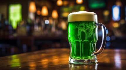 St. Patrick's Day Celebration. A full glass of green beer with foam stands on the bar counter at the pub. A traditional holiday drink. 