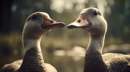 a pair of ducks playing together - obrazy, fototapety, plakaty