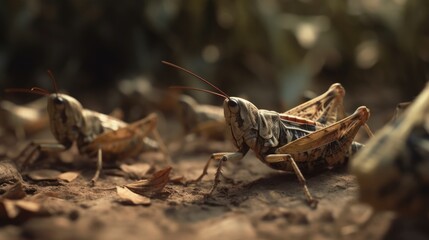 a pair of grasshoppers in the wild forest - obrazy, fototapety, plakaty
