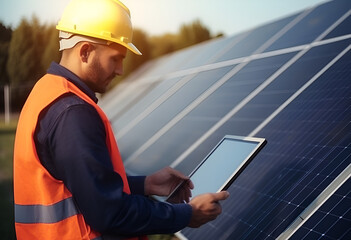 Engineer with laptop and tablet maintenance checking installing solar roof panel on the factory rooftop