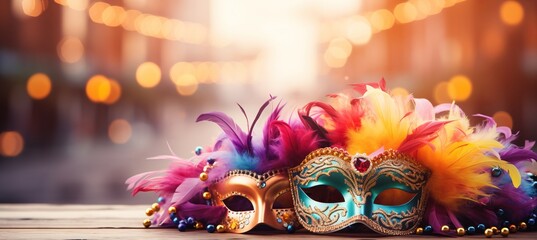 Colorful venetian carnival background with copy space and vibrant carnival attributes - obrazy, fototapety, plakaty
