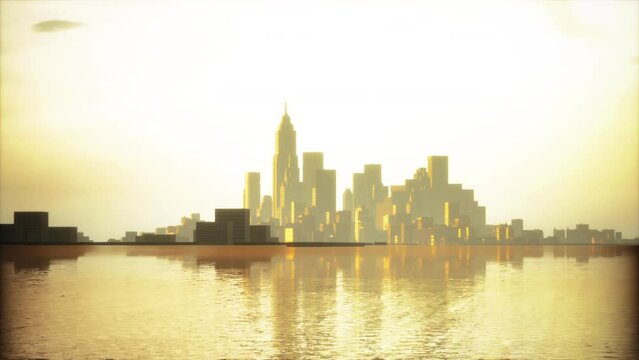 downtown cityscape at sunset in fog