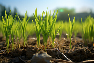 Fototapeta premium Sprouting wheat fields in early spring, a vibrant and promising sight symbolizing the cycle of growth and renewal in agriculture. Generative Ai.