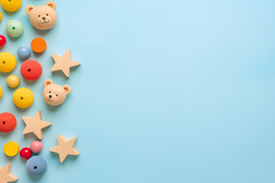 Baby kids toy background Flat lay. Teddy bears, colorful sensory, sorting, stacking blocks. Sensory, sorting, and stacking toys for children on light blue background. Top view, display