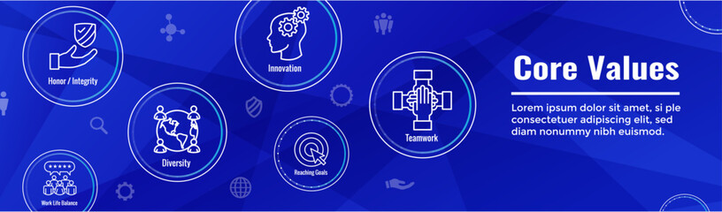 Core Values icon set & web header banner showing icons of core values