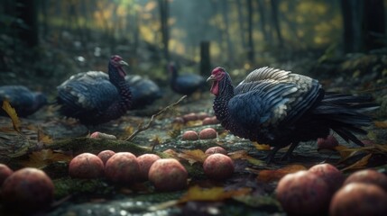 Large flock of turkeys in wild forest in close view - obrazy, fototapety, plakaty
