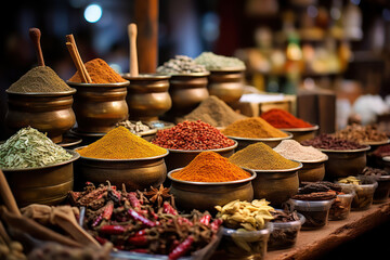 A diverse array of spices and herbs arranged in a market stall, offering a sensory journey into the world of culinary delights. Concept of gastronomic exploration. Generative Ai. - Powered by Adobe