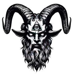 baphomet with horns and eye of proivdence black and white tattoo design concept art on transparent background