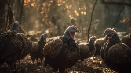 Large flock of turkeys in wild forest in close view - obrazy, fototapety, plakaty