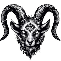 baphomet with horns and third eye black and white tattoo design concept art on transparent background
