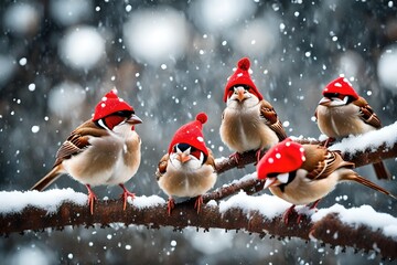 Cute funny merry Christmas sparrows in the New Year with a red cap with little red hats during a snowfall. Merry Christmas and Happy New Yea - obrazy, fototapety, plakaty