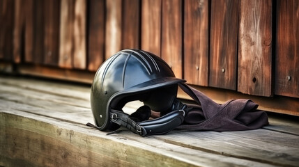 leather helmet for equestrian sports on the background of a stable, arena, hippodrome, horse, farm, clothing, accessory, jockey, rider, handmade, village, countryside - obrazy, fototapety, plakaty