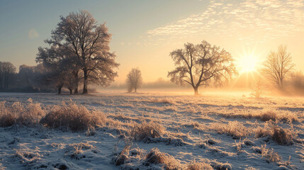 A snow-blanketed countryside at dusk, fields shimmering under the fading light, a serene and quiet evening.