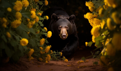 Urso Negro em um túnel de flores amarelas com a luz difusa do sol em um jardim de primavera - Papel de parede - obrazy, fototapety, plakaty