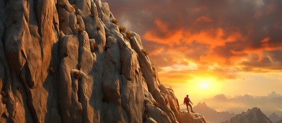 a climber climbs a rock cliff at sunset - obrazy, fototapety, plakaty